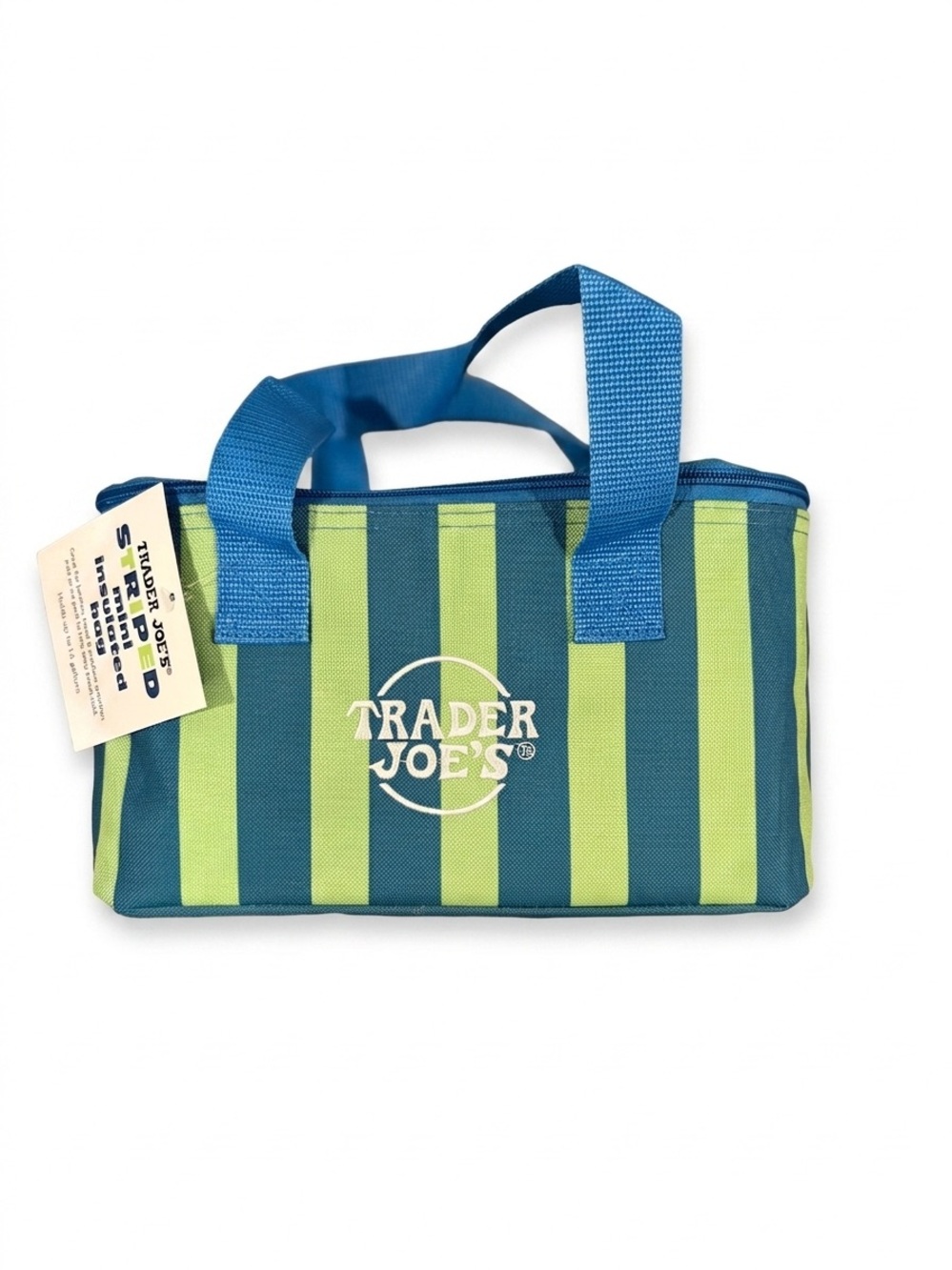 Trader Joe’s Striped Mini Insulated Bag Teal Green Blue Tote NWT 1.5 Gallon